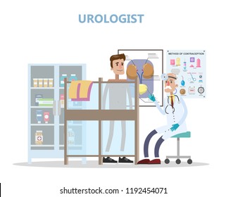 Man visit doctor urologist. Urology system examination. Healthcare and professional treatment concept. Bladder and kidney specialist. Vector flat illustration