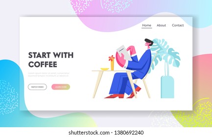 Man Visiting Cafe Sitting with Menu in Hands Making Order. Relaxing Male Character or Businessman Choose Meal in Restaurant. Website Landing Page, Web Page. Cartoon Flat Vector Illustration, Banner
