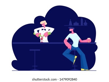 Man Visiting Night Club, Nightlife Spare Time. Male Character Sit at High Chair Drinking Beverages on Bar Counter with Barman Making Cocktail in Modern Restaurant. Cartoon Flat Vector Illustration