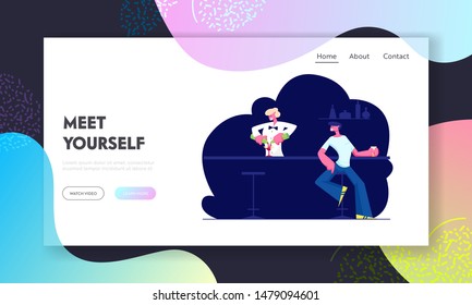 Man Visiting Night Club Website Landing Page. Male Character Sits at Chair Drink Beverage on Bar Counter with Barman Making Cocktail in Restaurant Web Page Banner Cartoon Flat Vector Illustration