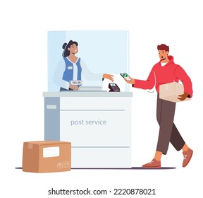 Man Visiting Post Office Concept. Male Character Holding Parcel in Hands Paying for Weigh Box on Scales on Reception Desk. Mail Delivery Service, Postage, Customer at Post. Cartoon Vector Illustration