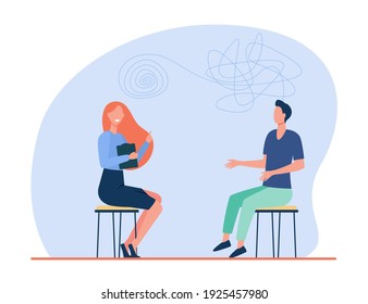 Man visiting psychological counselor. Patient with tangled rope consulting psychologist. Flat vector illustration. Mental health, depression concept for banner, website design or landing web page