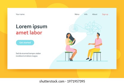 Man visiting psychological counselor. Patient with tangled rope consulting psychologist. Flat vector illustration. Mental health, depression concept for banner, website design or landing web page