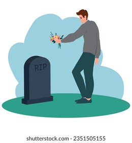 man visiting relatives grave. Person laying flowers at headstone. Flat vector illustration. Grief, monument, cemetery concept for banner, website design or landing web page