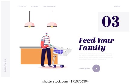 Man Visiting Store for Products Purchase during Covid19 Pandemic Quarantine Landing Page Template. Male Customer Character Stand in Grocery with Toilet Paper in Trolley. Cartoon Vector Illustration