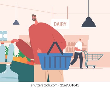 Man Visiting Supermarket or Grocery, Customer Male Character Choose Production on Shop Shelf with Different Types of Products and Food and Put into Shopping Cart. Cartoon People Vector Illustration