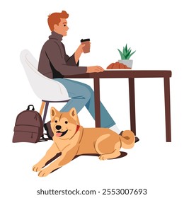 Visitante del hombre con su perro que se sienta en la mesa del café que bebe el café que come la historieta crujiente dulce del croissant aislada en el fondo blanco. Ilustración vectorial ambiental del espacio del comedor de la ecología respetuosa con los animales