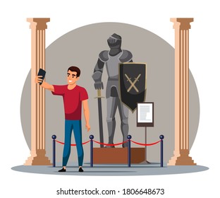 Man visitor taking selfie with medieval guard statue in knight armor by mobile phone camera at historic museum. Excursion cultural tour. Exhibition room vector interior with ancient column decoration