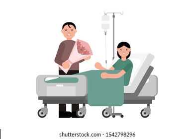A man visits a patient lying on hospital bed. A woman resting In a Bed. Man holding a bouquet visits sick woman. Flat cartoon style vector illustration.
