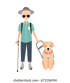 Man with visual impairment. Colorful image featuring blind person with guide dog on white background. Flat vector cartoon illustration.