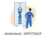 Man visualizes victory by standing in front of mirror and imagining leader gold cup. Guy dreams of receiving award and achieving leader position in sports, thanks to motivation and ambition