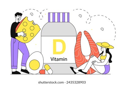 Mann mit Vitamin D Doodle. Junger Mann mit gesunder natürlicher Ernährung. Richtige Ernährung. Ergänzungen und Eier mit Fleisch und Käse. Einfache flache Vektor-Illustration isoliert auf weißem Hintergrund