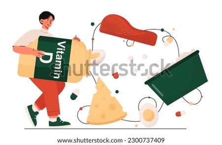 Man with vitamin D. Natural and organic products and bottle with vitamins and useful elements. Sports lifestyle and health care. Cottage cheese, meat, and eggs. Cartoon flat vector illustration