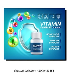 Man Vitamin health poster. Mineral Dietary design. Skin vitamin tablets. realistic poster vector Illustration