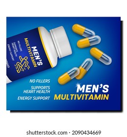 Man Vitamin health poster. Nutrition pill. Immune vitamin therapy. realistic poster vector Illustration