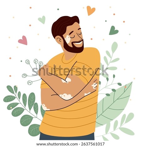 Man with vitiligo embracing himself, happy and confident, mental health concept. Body positivity and self love illustration.