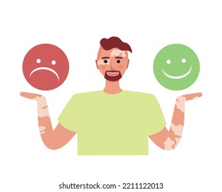 Hombre con vitiligo Expresando varias emociones, como tristeza, alegría, aislado y plano ilustración vectorial con equilibrio de emociones