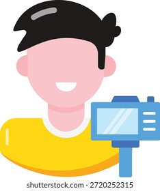 Man vlogger with camera on tripod. Flat vector icon for content creation, video blogging, and social media influencer marketing.
