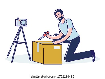 Man Vlogger Creating Unpacking Video For Blog Channel. Guy Unboxing Purchase And Broadcast Parcel Review. Modern Content Maker And Blogging Concept. Vector Illustration