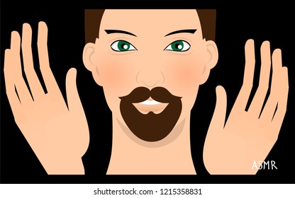man vlogger face and hands in calming gesture, guy is making asmr video,black bacground