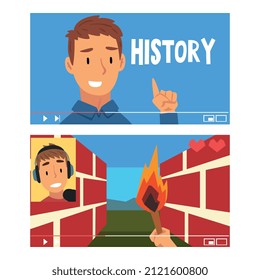 Man Vlogger Video Streaming in the Internet Making Game and History Vlog Vector Set