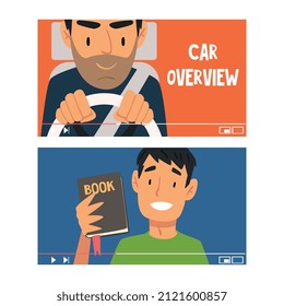 Man Vlogger Video Streaming in the Internet Making Car Overview and Book Vlog Vector Set