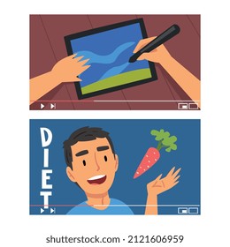 Man Vlogger Video Streaming in the Internet Making Diet and Drawing Vlog Vector Set
