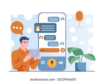 Man with voice input. Young guy near smartphone. Speech to text converter application. Communication in social networks and messengers. Chat and dialogue. Flat vector illustration