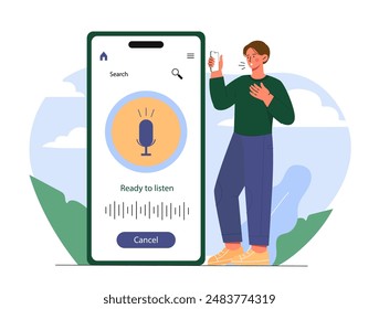 Man with voice search. Guy with virtual assistant and helper. Searching for information on Internet. Application for speech recognition. Flat vector illustration isolated on white background