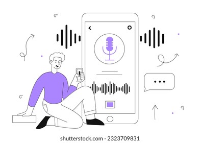 Man with voice search line concept. Guy with smartphone records voice message. Modern technologies, mobile programs and applications. Bot and artificial intelligence. Linear flat vector illustration