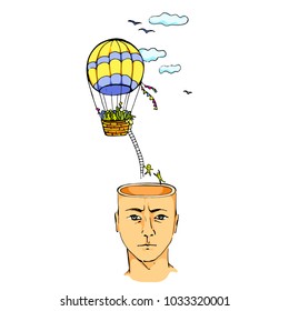 a man with a void in his head, a holiday, a holiday in his head, a balloon flies out of his head and thoughts flee in the form of little men.