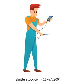 Man and voltage device icon. Cartoon of man and voltage device vector icon for web design isolated on white background