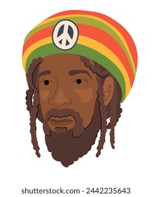 A man in a voluminous cap and a traditional ethnic costume in the color of the Rastafarian flag. A Jamaican with dreadlocks. Vector flat illustration for poster, sticker or logo of reggae music themes