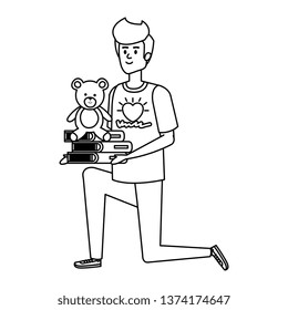 man volunteer with books and bear teddy