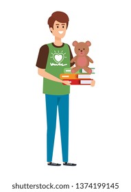 man volunteer with books and bear teddy
