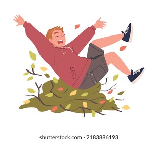 Man Volunteer Character Having Fun Rolling in Foliage Vector Illustration