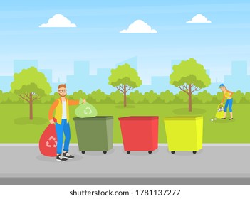 Man Volunteer Collecting and Sorting Waste for Recycling, Concept Vector Illustration