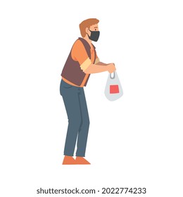 Man Volunteer in Face Mask with Food Bag Engaged in Charity Activity Donating It to Needy Vector Illustration