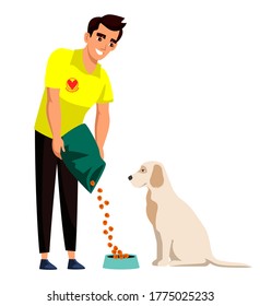 Man volunteer feeding homeless dog. Veterinary care, aid. Worker from canine shelter rescuing stray animals and pet. Charity, rehabilitation or adoption. Vector illustration