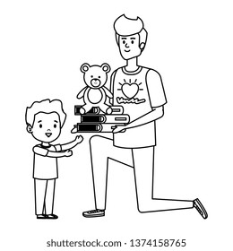 man volunteer giving a boy books and bear teddy