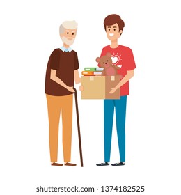 man volunteer giving a old man donations box
