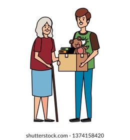man volunteer giving a old woman donations box