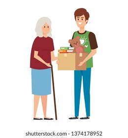 man volunteer giving a old woman donations box