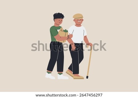 Man Volunteer Helps Disabled Elderly Man Illustration