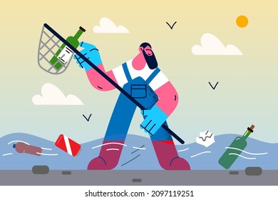 Man volunteer with net clear river from plastic waste. Male activist clean waters from bottles and dirt. Environment pollution problem. Nature conservation concept. Flat vector illustration. 