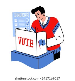 A man votes behind a screen at a polling station. State elections. Selecting a candidate for political office. Vector illustration on a social theme.