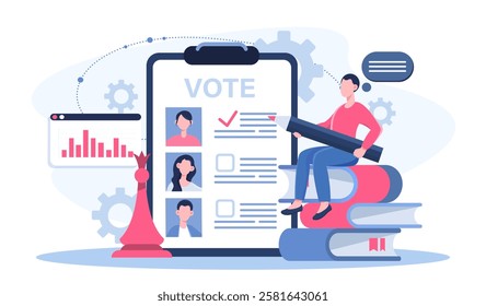 Man votes online. Young guy with pencil sits on stack of books and ticks candidate. Freedom of choice and democracy. Elections and referendum. Political campaign. Flat vector illustration