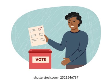 Man with voting ballot and ballot box. Election campaign concept, vector illustration in flat style. 