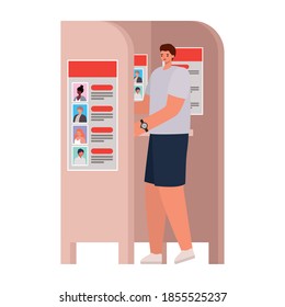 man voting with brown hair, gray shirt and wristwatch in voting booth vector illustration design