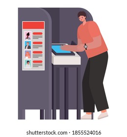 man voting with brown hair and a salmon color shirt in gray voting booth vector illustration design